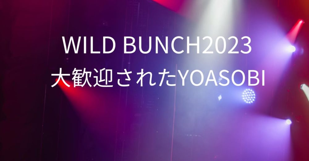 音楽フェスティバルの夜の空を照らす紫の光線　「WILD BUNCH2023 大歓迎YOASOBI」文字