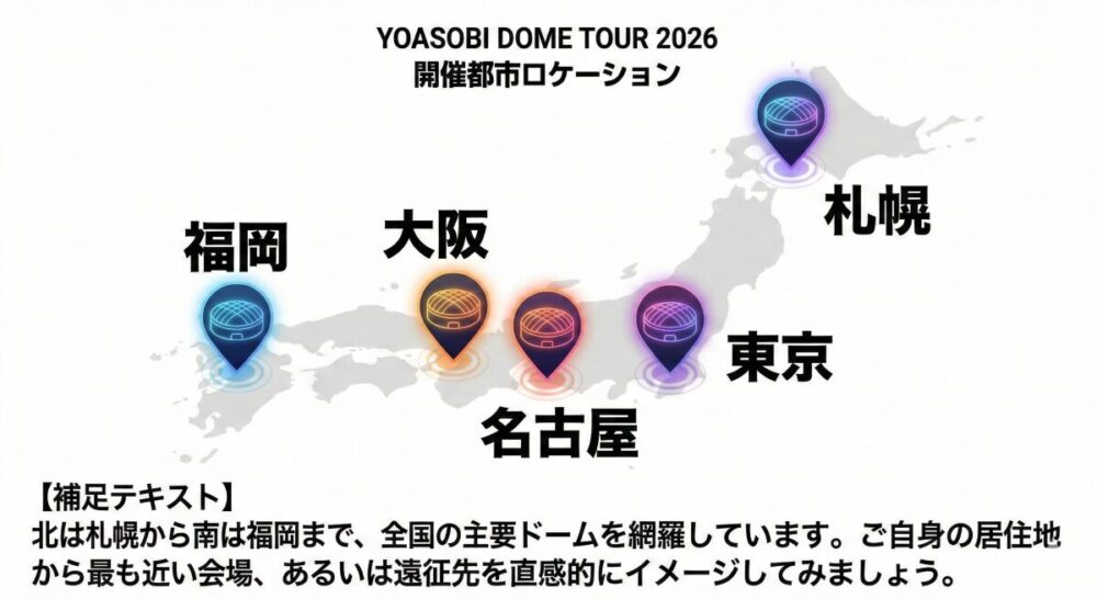 YOASOBIドームツアー2026開催都市マップ。日本地図上に札幌、東京、名古屋、大阪、福岡の5大ドーム会場がピンで示され、各会場のロケーションを一目で把握できるインフォグラフィック。