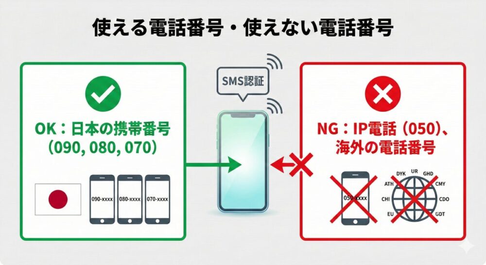 「使える電話番号・使えない電話番号」という見出しの図。左側の緑枠にはチェックマークと共に「OK:日本の携帯番号(090, 080, 070)」と日本の国旗、右側の赤枠には×マークと共に「NG:IP電話(050)、海外の電話番号」と地球儀のアイコンが描かれ、中央のスマホへSMS認証が行われるイメージ図。