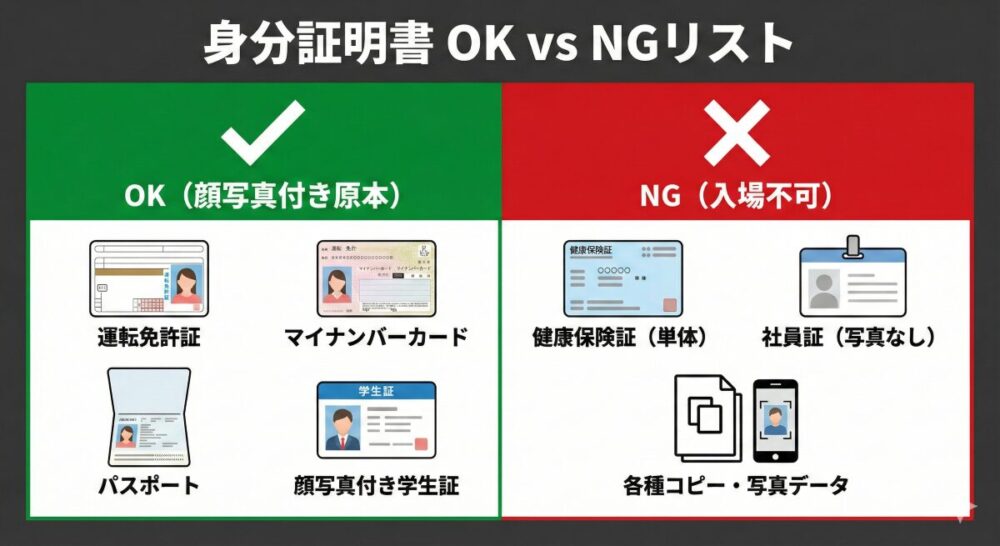 「身分証明書 OK vs NGリスト」という見出しの表。左側の緑のエリア(OK:顔写真付き原本)には、運転免許証、マイナンバーカード、パスポート、顔写真付き学生証のアイコン。右側の赤のエリア(NG:入場不可)には、健康保険証(単体)、社員証(写真なし)、各種コピー・写真データのアイコンが並び、一目で可否がわかるようになっています。