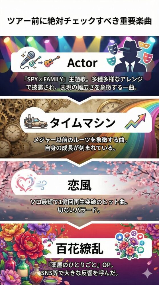 ツアー前にチェックすべき重要楽曲4選の紹介。1. Actor（SPY×FAMILY主題歌、表現の幅広さを象徴）、2. タイムマシン（メジャー以前のルーツと成長を象徴）、3. 恋風（1億回再生突破の切ないバラード）、4. 百花繚乱（薬屋のひとりごとOP、SNSで大きな反響）
