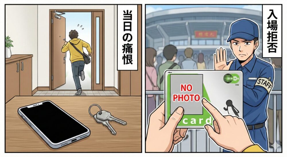 ライブ当日の失敗例。左は玄関のテーブルにスマホを忘れて走り去る様子。右は入場ゲートで顔写真のない身分証（NO PHOTO）を提示し、係員に拒絶される様子。