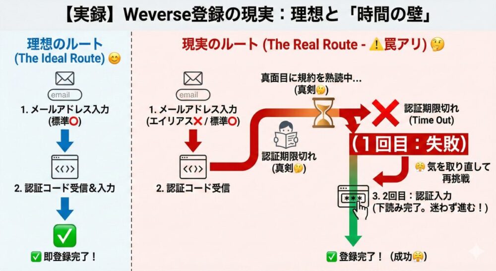 【実録】Weverse登録の現実：理想と「時間の壁」の比較図解。左側にスムーズに登録が完了する「理想のルート」、右側に規約を熟読している間に認証期限が切れてしまう「現実のルート」を配置。エイリアス不可の注意点や、一度目は規約の下読みと割り切り、二度目の挑戦で迷わず認証を完了させるという攻略ステップを視覚化したインフォグラフィック。
