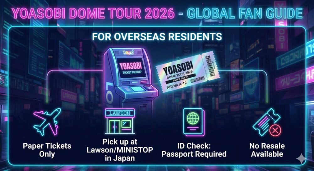 この画像は、YOASOBIの公式ブランドイメージを彷彿とさせるネオン・サイバーパンクスタイルで構成されています 。背景には夜の東京をイメージした高層ビル群が描かれ、中央には日本のコンビニエンスストアに設置されている**「Loppi」端末と、その横に空中浮遊する紙のチケット**が配置されています 。 下部には4つの主要な案内項目がアイコンと共に等間隔で並んでいます ： Paper Tickets Only: 飛行機のアイコン Pick up at Lawson/MINISTOP in Japan: コンビニエンスストアのアイコン ID Check: Passport Required: パスポートのアイコン No Resale Available: 転売禁止を示すバツ印のついたチケットアイコン 画像全体は鮮やかなピンク、水色、紫のネオンカラーで統一されており、Nano Banana Proの「視覚的推論エンジン」によって、複雑な英文テキストやロゴも崩れることなく正確に描画されています 。