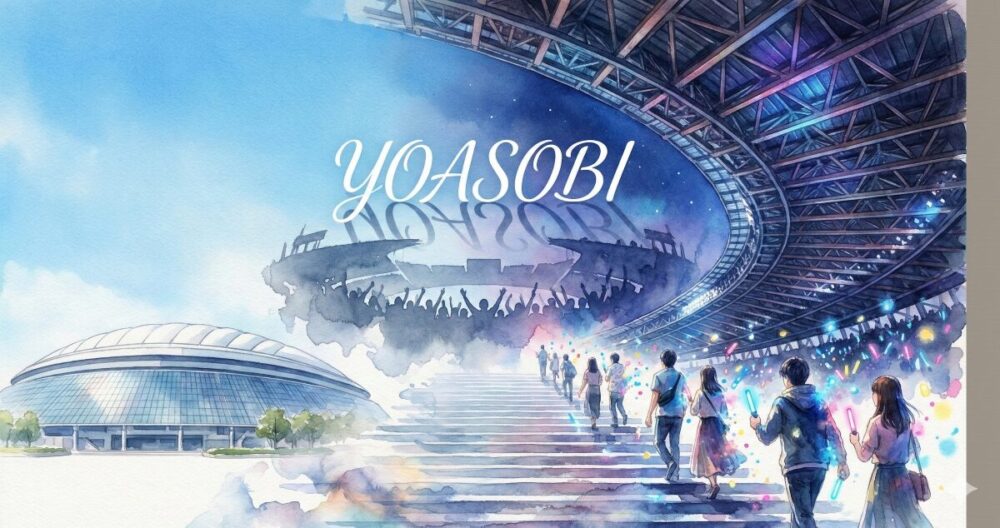 YOASOBIのドーム公演をイメージした水彩画風のアイキャッチ画像。昼の福岡ドームから夜の京セラドームへと移り変わる幻想的な風景の中に「YOASOBI」の文字が配置されている。