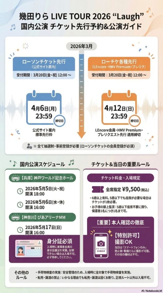 幾田りら LIVE TOUR 2026 Laugh 国内公演のチケット先行予約と公演概要。ローソンチケット先行の受付期間は、公式サイト案内では4月6日23時59分まで、LEncore先行やプレリクエスト先行は4月12日23時59分までです。公演は兵庫・神戸ワールド記念ホールで5月5日と6日、神奈川・ぴあアリーナMMで5月16日と17日に開催されます。チケット料金は指定席9500円で、6歳以上は有料、5歳以下は膝上鑑賞無料です。入場時には来場者全員の身分証確認と手荷物検査が実施されます。公演当日はスマートフォンでのみ写真および動画の撮影が可能です。