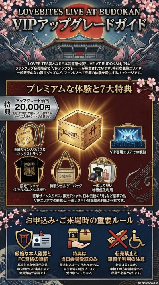 LOVEBITES武道館公演VIPアップグレードチケットの特典と注意点のまとめ図。 価格2万円でVIPエリア観覧、グッズ優先、サイン入りパス、升、限定Tシャツ等7大特典を付与。 当日は写真付き身分証とFC会員IDによる本人確認が必須で、特典は会場でのみ受取可能。 車椅子利用時の座席移乗の必要性や、転売・譲渡厳禁、返金不可などの重要事項を網羅。 FC会員限定の特別な祝祭体験を支援するプログラム内容を簡潔に説明しています。