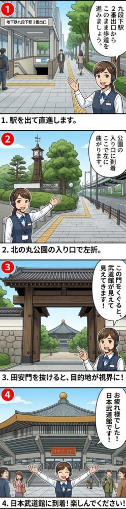 九段下駅2番出口を出て、右前方に見える靖国通りの坂道を直進する風景 北の丸公園の入口に到着し、左側にある田安門へ続く坂道へと曲がる分岐点 田安門をくぐり抜けた先に、日本武道館の大きな八角形の屋根が見えてくる様子 日本武道館の建物正面に到着し、案内人が入口の前で出迎えている風景