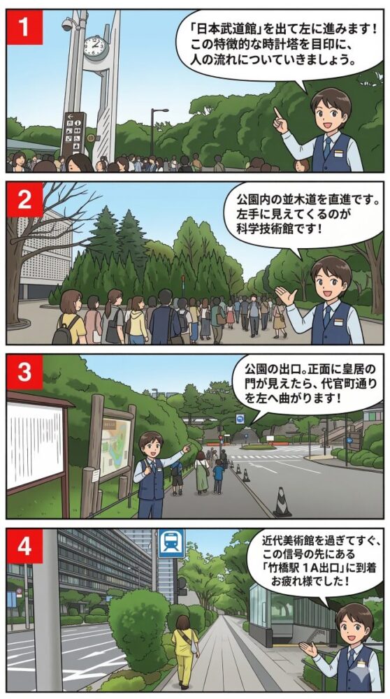 日本武道館から地下鉄竹橋駅1A出口までの帰り道を案内する縦長4コマ漫画の画像。1コマ目は、日本武道館出口付近にある監視カメラ付きの白い時計塔が左側に立ち、案内人が左へ進むよう指し示している。2コマ目は、北の丸公園内の並木道で、左側に壁面に多数の穴がある科学技術館が見える中を直進する様子。3コマ目は、公園出口で左側に木製案内板があり、正面に皇居の石垣が見える場所を代官町通りに沿って左折する指示。4コマ目は、東京国立近代美術館を過ぎた先の歩道で、右側に地下鉄のマークがついた青い看板と竹橋駅1A出口の階段入り口があり、案内人が到着を伝えている。