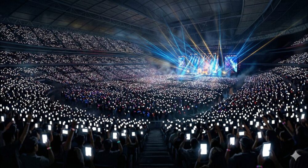 超満員の巨大ドームスタジアムを、客席後方の高い視点から見下ろしたパノラマビューのシネマティック・イラストレーション。暗い客席では数万人の観客がスマートフォンを高く掲げ、無数の白い長方形の光が地平線の彼方まで続く「光の海」となって会場を埋め尽くしている。スマホの光は観客のリストバンドライトの微かな輝きと混ざり合い、圧倒的な密度で明滅している。遠くのステージからは、鋭いブルーとゴールドのレーザービームが扇状に放たれ、デジタルな光の海を貫くように夜空を照らしている。人物の顔や文字、ロゴは一切排除されており、現代のライブ特有の熱狂と、テクノロジーが作り出す幻想的なスケール感が強調されている。