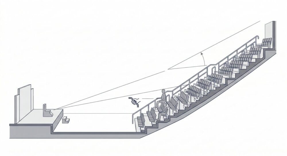 大和ハウス プレミストドームのスタンド席断面図。急傾斜により前の人の頭を越えて視線が通る構造と、階段の手すりを利用する様子を示した図解。