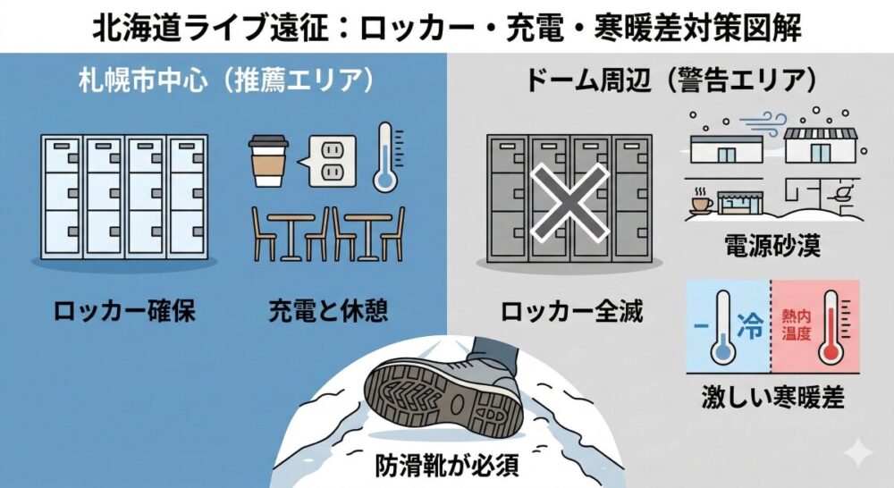 北海道ライブ遠征：ロッカー・充電・寒暖差対策図解。札幌市中心部（推奨エリア）とドーム周辺（警告エリア）を比較し、ロッカーや電源の有無、激しい寒暖差、防滑靴の必要性を視覚的に示したインフォグラフィック。
