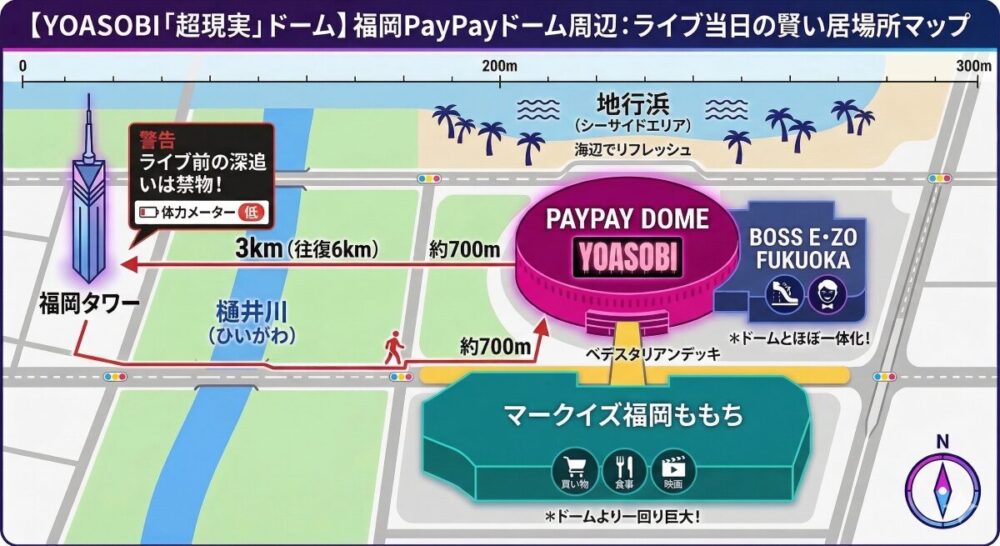 OASOBIの福岡PayPayドーム公演「超現実」における、ドーム周辺の施設配置と距離感を正確に表したインフォグラフィックマップです。 中央： 福岡PayPayドーム（ドーム上部に「YOASOBI」のロゴ）。 右側（東）： ドームとほぼ一体化した位置に、エンタメ施設「ボス イーゾ フクオカ（BOSS E・ZO FUKUOKA）」。 下部（南）： ドームよりも一回り大きな敷地面積を持つショッピングモール「マークイズ福岡ももち」が、デッキでドームと直結。 上部（北）： ドームのすぐ裏手（地行浜側）に広がる「地行浜（シーサイドエリア）」。 左側（西）： 樋井川を挟んで約1.5km（往復3km）先に「福岡タワー」。