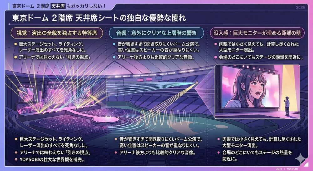 東京ドーム2階席のメリットを3つの視点で解説したインフォグラフィックです。 視覚： 2階席からの広大な視界により、レーザー演出やステージセットの全貌を死角なしで楽しめる「引きの視点」を可視化。 音響： ドーム特有の反響が2階席では重なりにくく、アリーナ後方よりもボーカルがクリアに届く音の仕組みを図解。 没入感： 肉眼での距離を巨大モニターが補い、会場のどこにいてもアーティストの熱量を感じられる演出効果を表現。