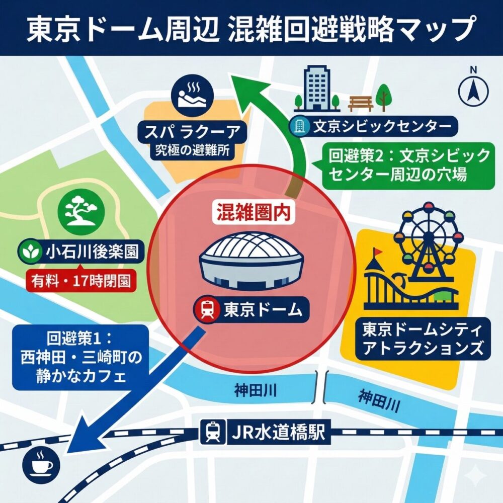 東京ドーム周辺 混雑回避戦略マップ」と題された、真上からの俯瞰図によるモダンなインフォグラフィック。中央の東京ドームは赤い半透明の円で「混雑圏内」と示され、周囲には南側のJR水道橋駅と神田川、北側のスパ ラクーアと文京シビックセンター、西側の小石川後楽園、東側の観覧車アイコンが正確に配置されています。南西と北方向には「回避策」を示す青と緑の太い矢印が伸び、スマホで見やすい高コントラストな配色で各スポットに明瞭な日本語ラベルが添えられています。