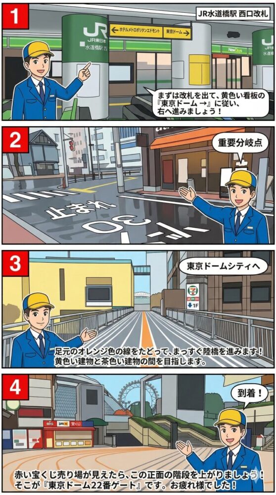 1コマ目：JR水道橋駅西口改札内。案内人が右上の「東京ドーム→」と書かれた黄色い看板を指差している。 2コマ目：駅外の分岐点。右にオレンジ色のひさしのコーヒー屋、左に三角屋根の建物があり、案内人が右折を促している。 3コマ目：オレンジ色の線が引かれた陸橋の上。左に黄色い建物、右に茶色の建物があり、案内人が直進を案内している。 4コマ目：東京ドーム22番ゲート前の広場。左に赤い宝くじ売り場、正面に階段とドームの屋根、奥に観覧車が見える。