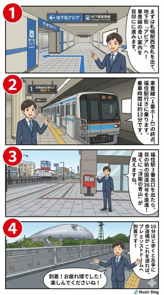 札幌駅から大和ハウス プレミストドームへの道案内を4コマの縦スクロール漫画で解説しています。1コマ目は、札幌駅西改札を出て地下街アピアへ降り、青いラインが目印の地下鉄東豊線へ向かう様子。2コマ目は、東豊線1番ホームから終点の福住駅行き電車に乗車し、約13分移動する場面。3コマ目は、福住駅3番出口から地上へ出て、赤いポストや洋服の青山がある国道36号線を直進する風景。4コマ目は、10分ほど歩いた先にある左手の歩道橋を渡り、プレミストドームの正面入口へ到着し案内人が出迎える様子を描写しています。