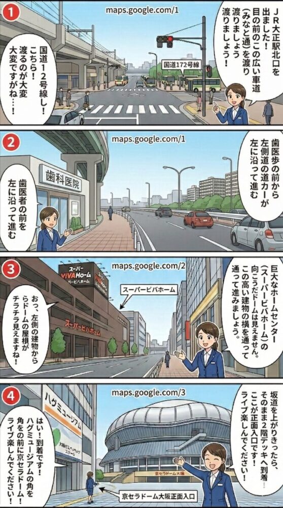 1コマ目： 大正駅北口すぐの広い車道と横断歩道の風景。案内人が横断歩道を渡るよう指示。 2コマ目： 左カーブの歩道。左手に歯科医院、右手に広い車道がある。案内人が「歯医者の前を左に沿って進む」と案内。 3コマ目： スーパービバホーム横の道。巨大な建物の隙間からドームの屋根がチラリと見え始める。 4コマ目： ハグミュージアムの角を曲がり、目の前に広がるドーム全景に到着。案内人が笑顔で出迎える。