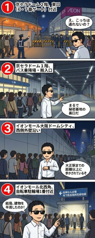 京セラドームから駅への迂回ルートを案内する、縦並びの4コマ漫画です。サングラスをかけた男性キャラクターが、夜のドーム外周やイオンモール沿いを歩く様子が描かれています。 封鎖された通路: 警備員がバリケードで通路を封鎖し、地上への階段へ誘導しています。 バス搬入口: 秘密基地のような雰囲気の、広大な1階搬入口付近を大勢で歩いています。 イオンの外壁: 巨大なイオンモールの壁沿いを、時計を見ながら延々と進んでいます。 駅入口に到着: 建物を半周し、ようやく地下鉄（阪神線・長堀鶴見緑地線）の入口に辿り着いた場面です。 各コマの左上には赤地に白抜きで1〜4の番号が振られています。