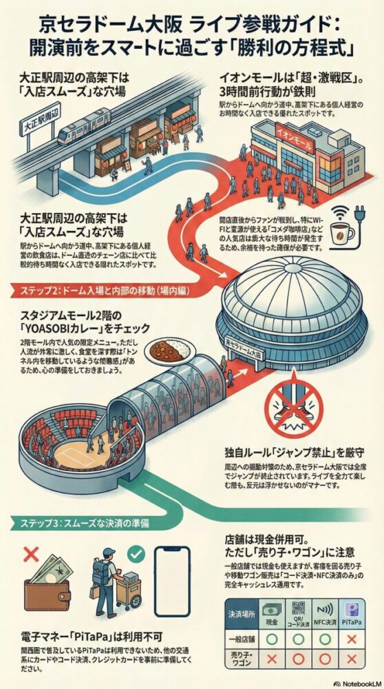 京セラドーム大阪 ライブ参戦ガイド。大正駅周辺の高架下を穴場、イオンモールを激戦区として紹介。場内のスタジアムモール2階のYOASOBIカレー、独自ルールのジャンプ禁止、電子マネーPiTaPa利用不可、売り子やワゴン販売は完全キャッシュレス（現金不可）であることを説明するインフォグラフィック