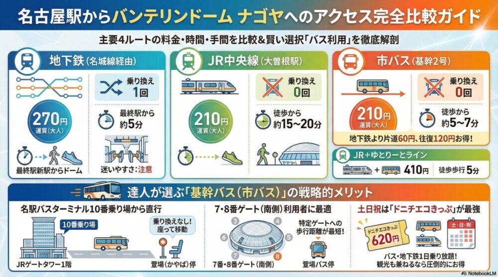 【概要】 名古屋駅からバンテリンドーム ナゴヤへの4つのアクセス方法（地下鉄、JR中央線、市バス、JR＋ゆとりーとライン）を比較したインフォグラフィックガイド。 【詳細内容】 地下鉄（名城線経由）: 運賃270円、乗り換え1回。最終駅からドームまで徒歩約5分。 JR中央線（大曽根駅）: 運賃210円、乗り換え0回。大曽根駅からドームまで徒歩約15〜20分。 市バス（基幹2号）: 運賃210円、乗り換え0回。最寄りの「萱場」バス停からドームまで徒歩約5〜7分。 JR＋ゆとりーとライン: 合計運賃410円、ドームまで徒歩約5分。 【特記事項】 市バスのメリット: 名古屋駅バスターミナル10番乗り場から直行し、ドームの7・8番ゲート（南側）に近い「萱場（かやば）」バス停に到着するため、歩行距離が短い。 お得な情報: 土日祝は、バスと地下鉄が1日乗り放題になる「ドニチエコきっぷ（620円）」の利用が推奨されている。