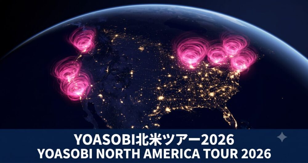 宇宙から見た夜の北米大陸の衛星写真。ロサンゼルスやニューヨークなど8都市がピンク色の光で強調されている。下部の青いバーには「YOASOBI北米ツアー2026 / YOASOBI NORTH AMERICA TOUR 2026」と白字で添えられている。